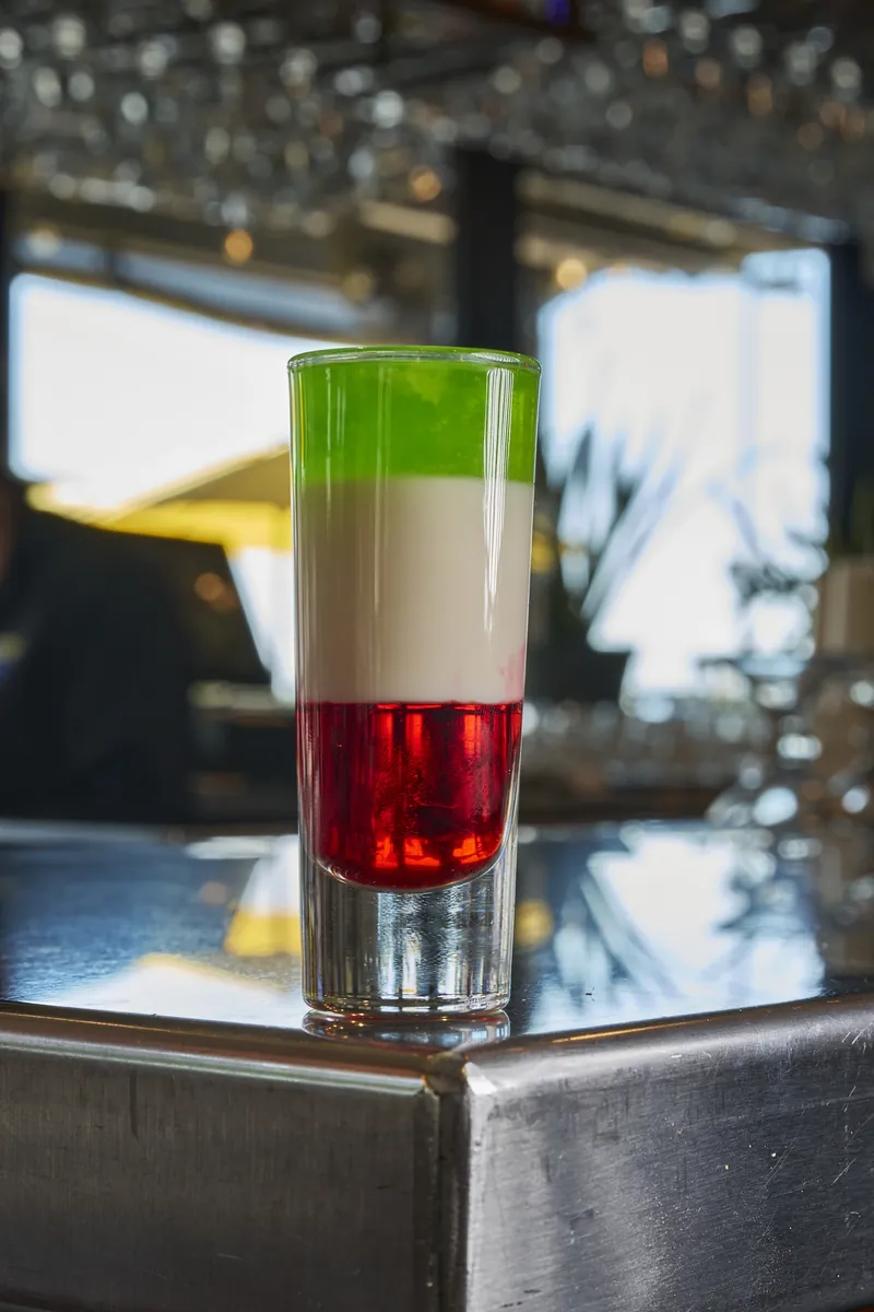 Layered green, white and red tequila shot