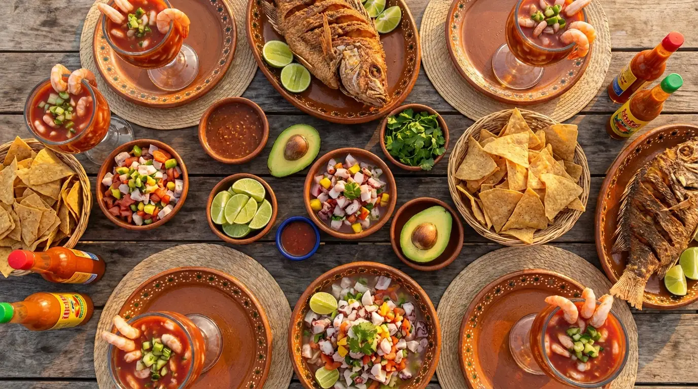 A spread of fresh Mexican seafood — shrimp cocktails, ceviches, and a whole fried fish